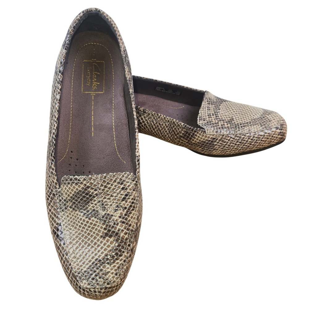 Clarks Everyday Women 11W Slipon Loafer Taupe Leather Snakeskin Active Air